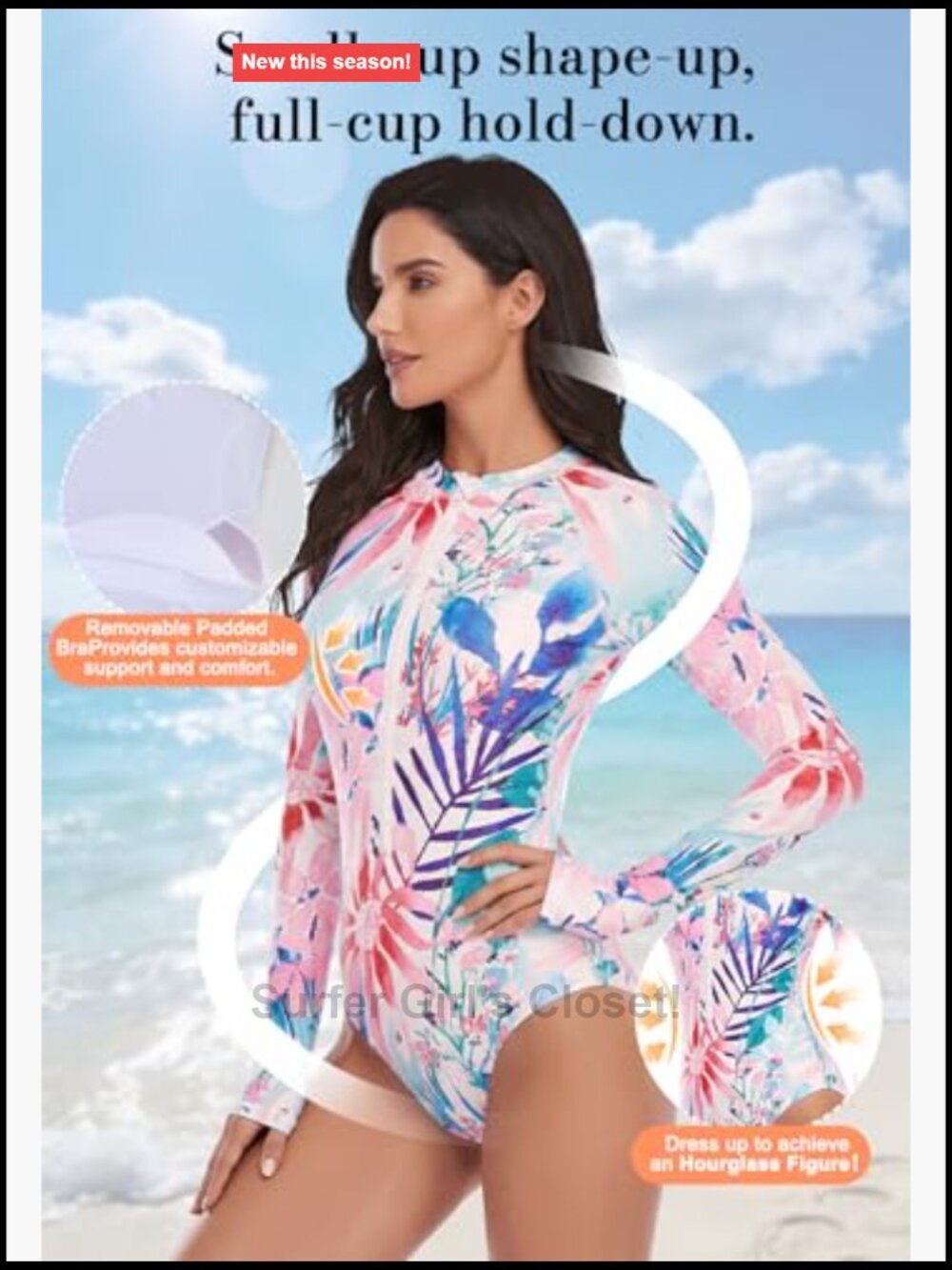 Long Sleeve UPF 50+ One Piece Rash Guard Swimsuit with Detachable Pads - Picture 7 of 7